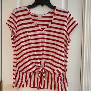 Liz Claiborne Red and White Striped Tie-Front Tee